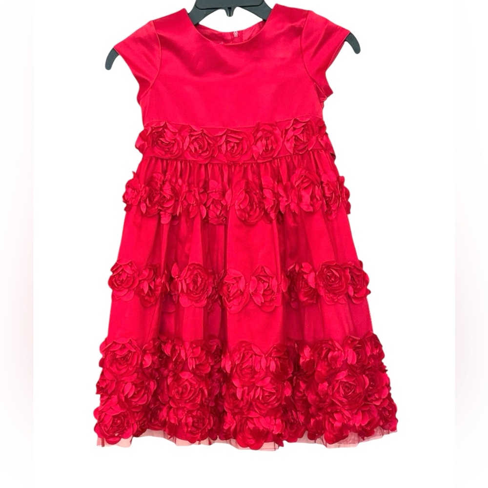 Bonnie Jean Red satin-like dress with tiered rosetta trim, back sash/tie, size 6